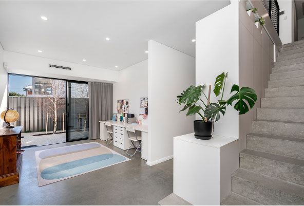 Honed concrete floor and stairs